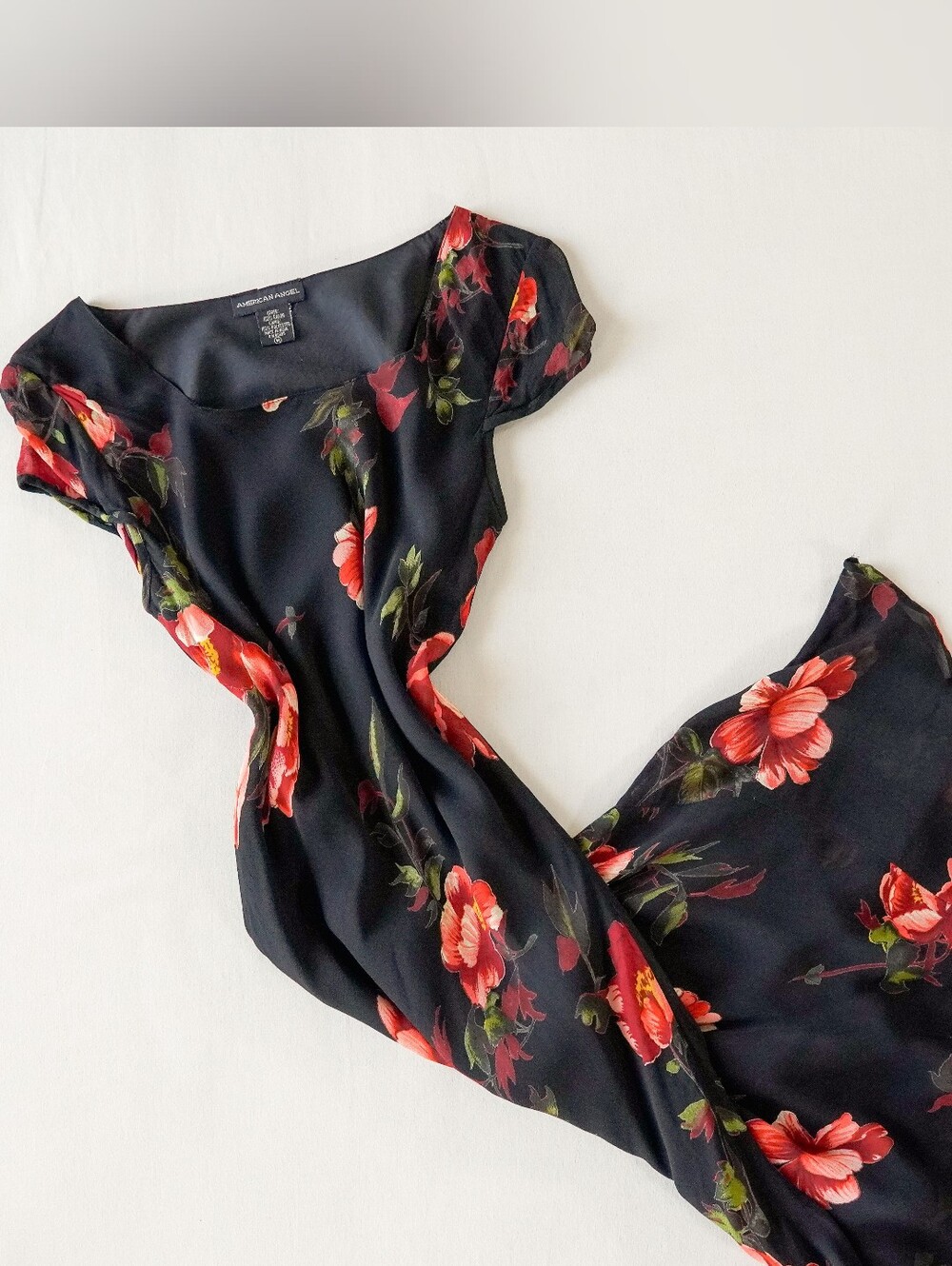 American Angel Black Floral Chiffon Dress M Vintage Y2K